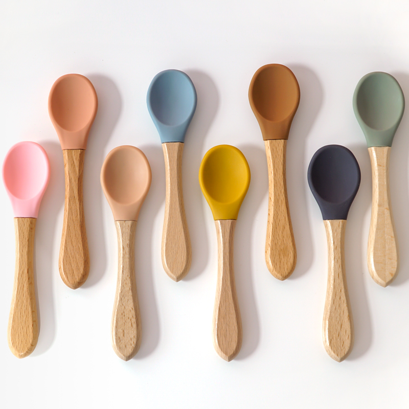 Baby Food Utensil - تغذية مقبض خشبي ملعقة سيليكون لأواني